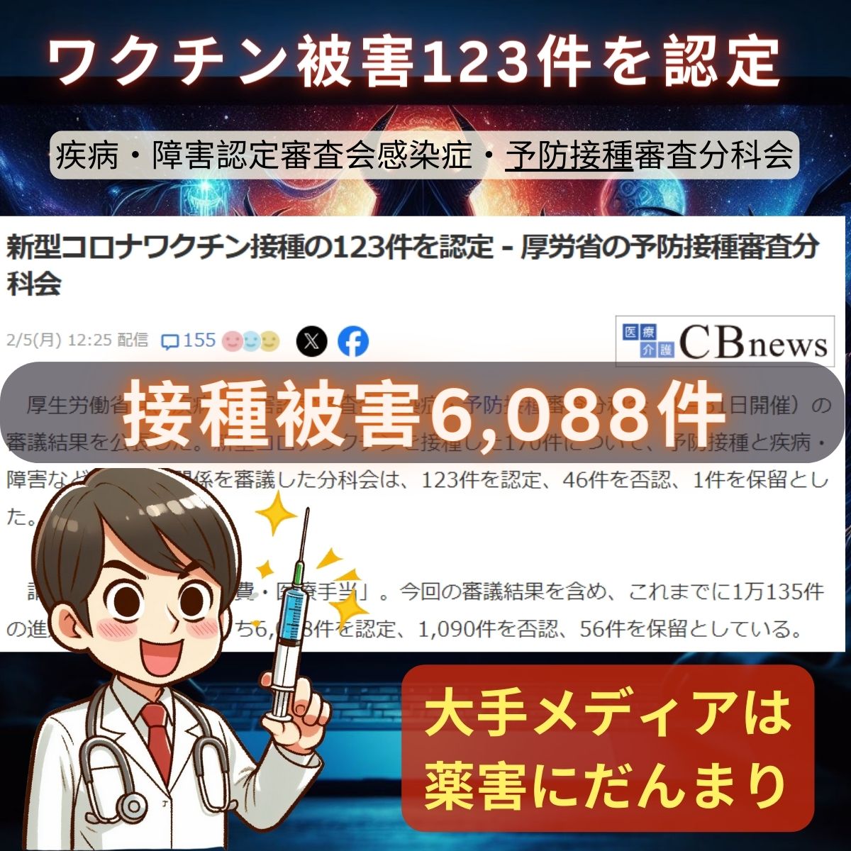 ワクチン被害123件を追加認定で接種被害は６０００件を突破！