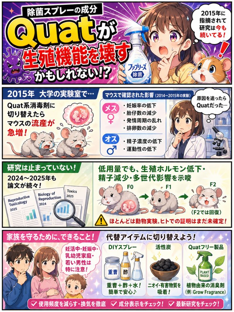 Quatという化合物が、マウスの精子や妊娠率をぶっ壊すかもしれない――動物実験の話だけど、2025年現在も研究は続いてる。