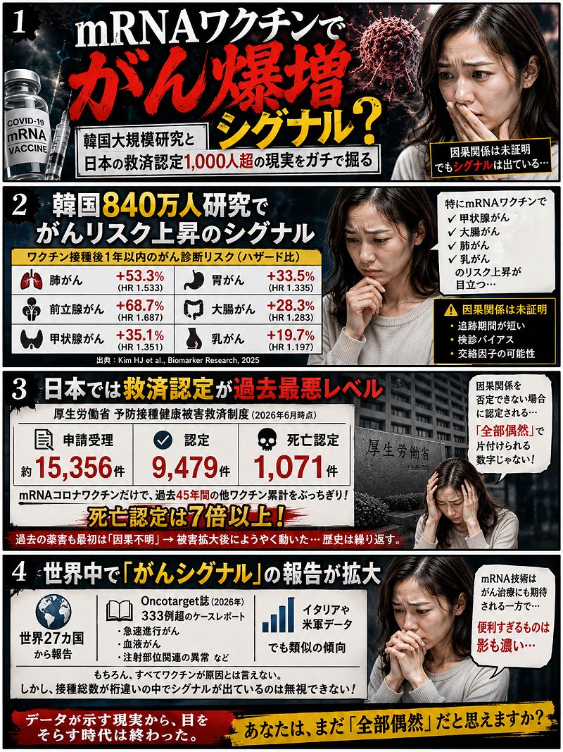 mRNAワクチンで「がん爆増」シグナル? 韓国大規模研究と日本の救済認定1,000人超の現実をガチで掘る