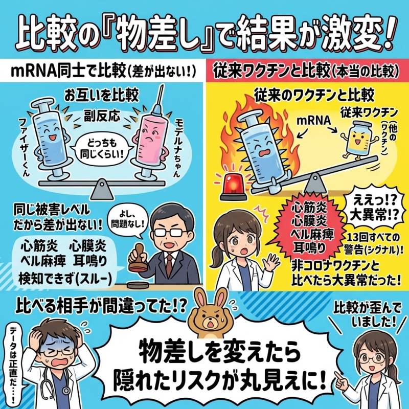 ファイザーとモデルナの比較では差が出ず、従来ワクチンとの比較ではシグナルが出た